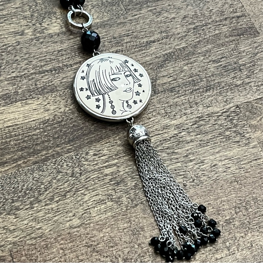 Brighton Nanette Long Cream Black Etched Paris Chic Star Love Tassel Necklace